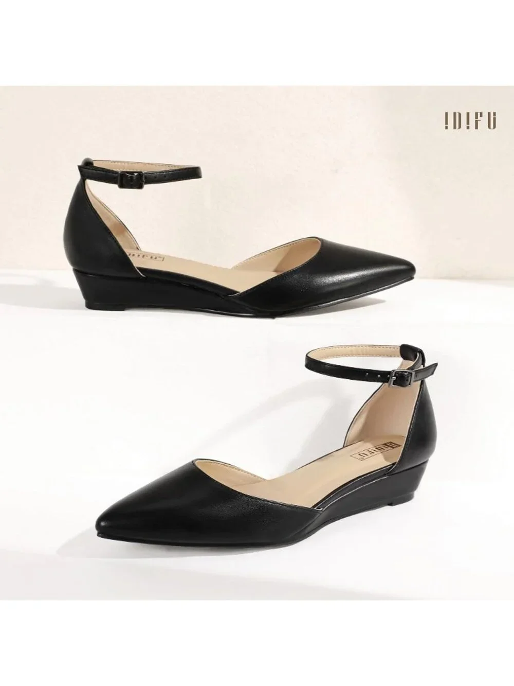 Women's Black PU Low Wedge Flats Closed Pointed Toe Adjustable Ankle Strap Shoes